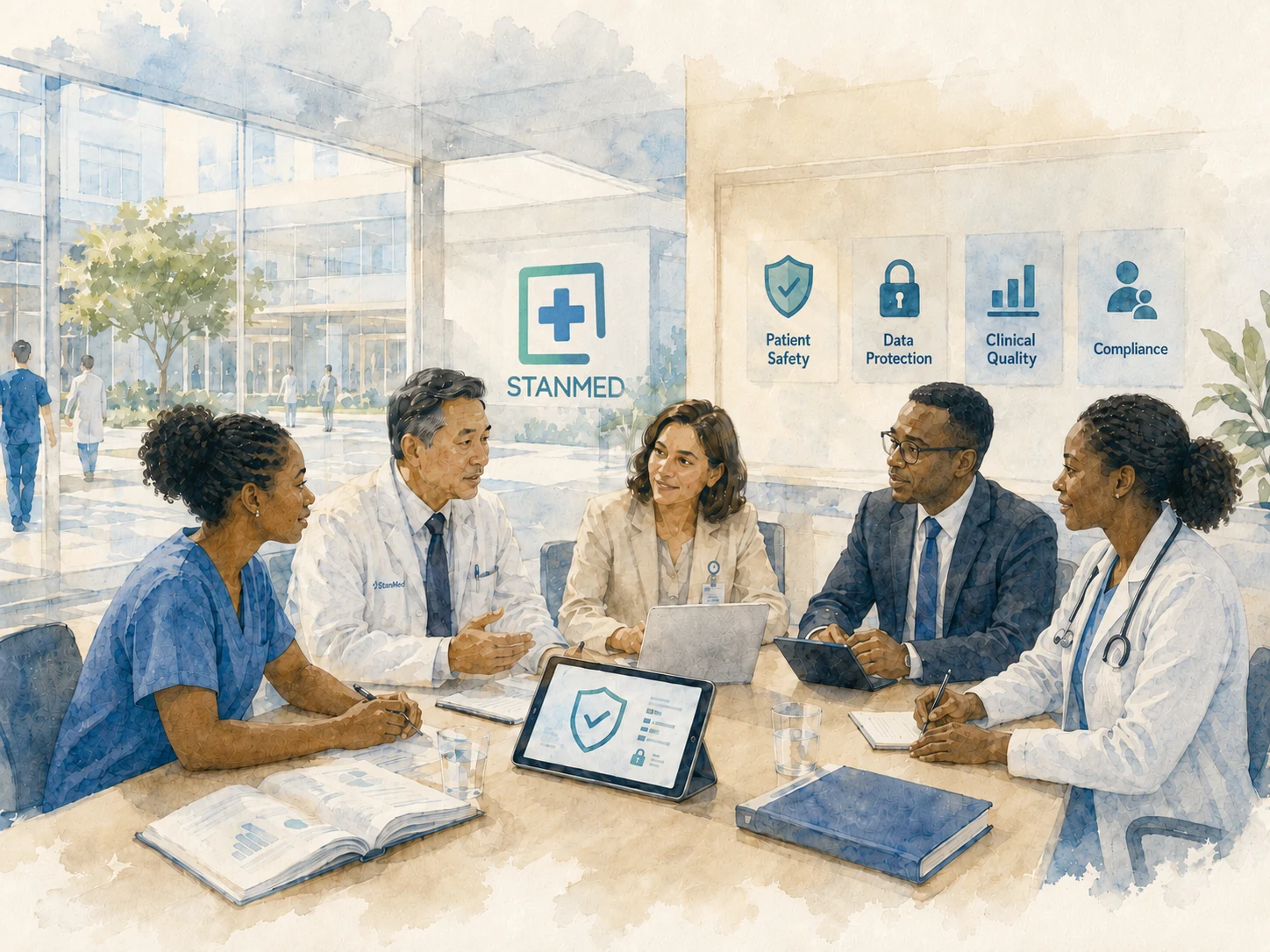 Painted illustration of StanMed clinical governance leaders reviewing patient safety, data protection, clinical quality and compliance standards