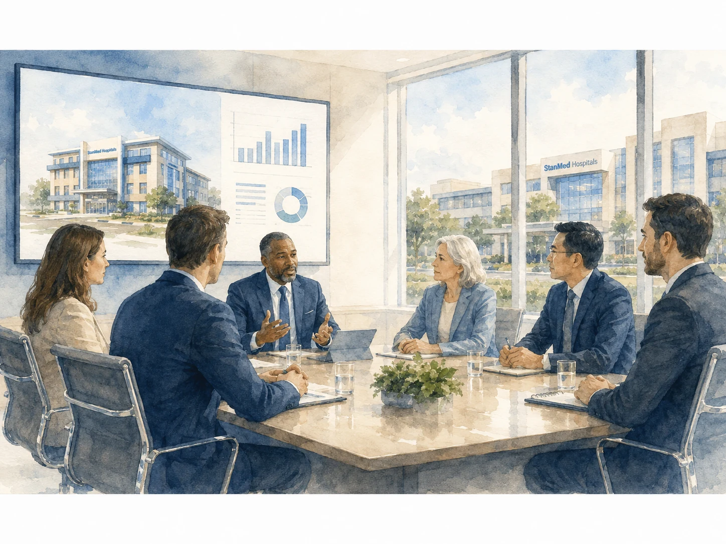 Painted illustration of StanMed healthcare executives and institutional investors in a controlled diligence meeting