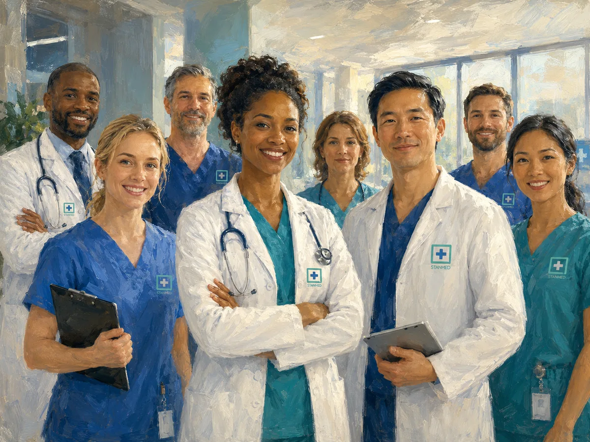 Painted image of StanMed staff in lab coats and scrubs