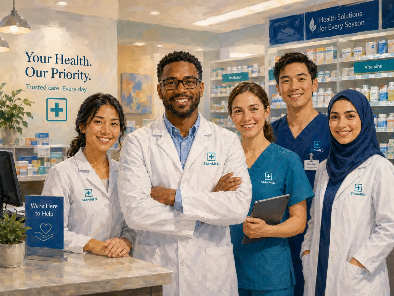 Painted illustration of StanMed pharmacy staff in lab coats and scrubs inside a modern pharmacy