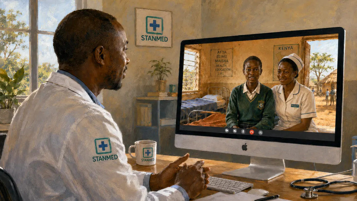 Painted telemedicine consultation showing a StanMed doctor speaking by video to a patient in a rural care setting.